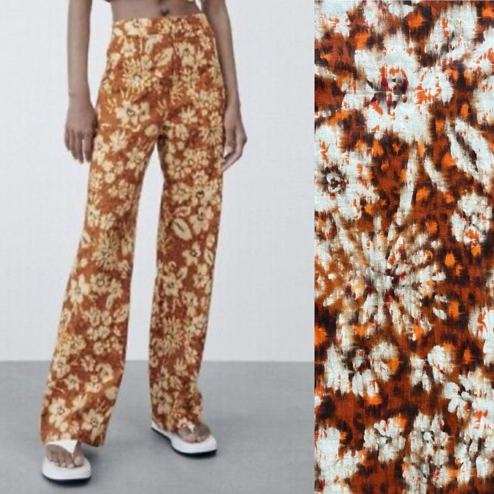 ZARA Linen Blend Floral Tie Dye Pants NWOT Size XS